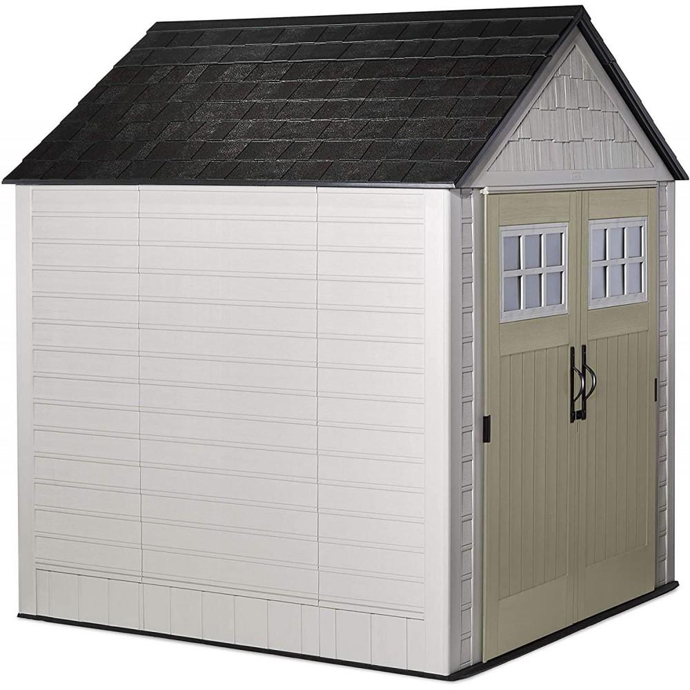 Rubbermaid 7 x 7 ft Weather-Resistant Resin Garden Storage Shed with Windows & Utility Hooks, Sand