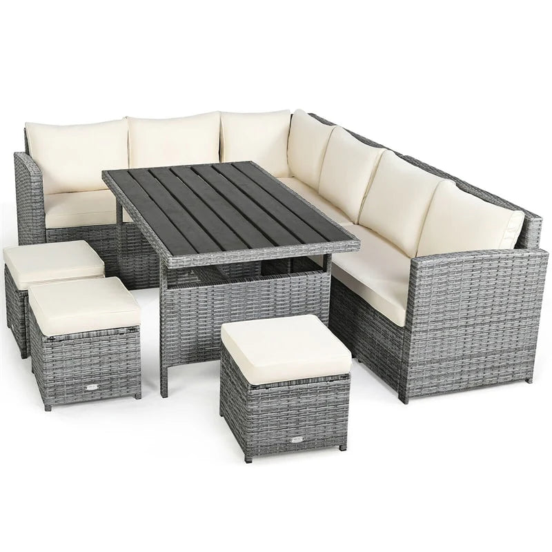 7-Piece PE Rattan Patio Sectional Sofa Set with Dining Table, Ottomans & Cushions, Mix Grey