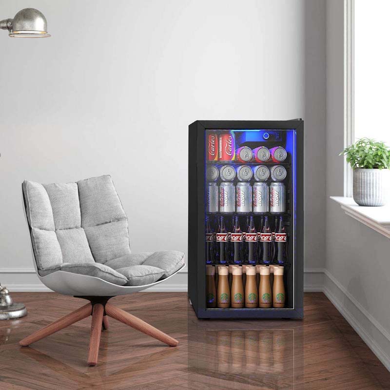 120-Can Beverage Cooler Fridge with Glass Door & Blue LED Light, 3.2 cu ft, Built-in or Freestanding