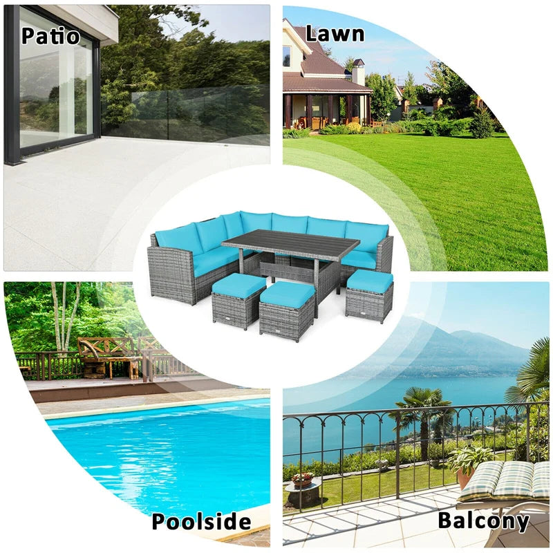 7-Piece PE Rattan Patio Sectional Sofa Set with Dining Table, Ottomans & Cushions, Mix Grey