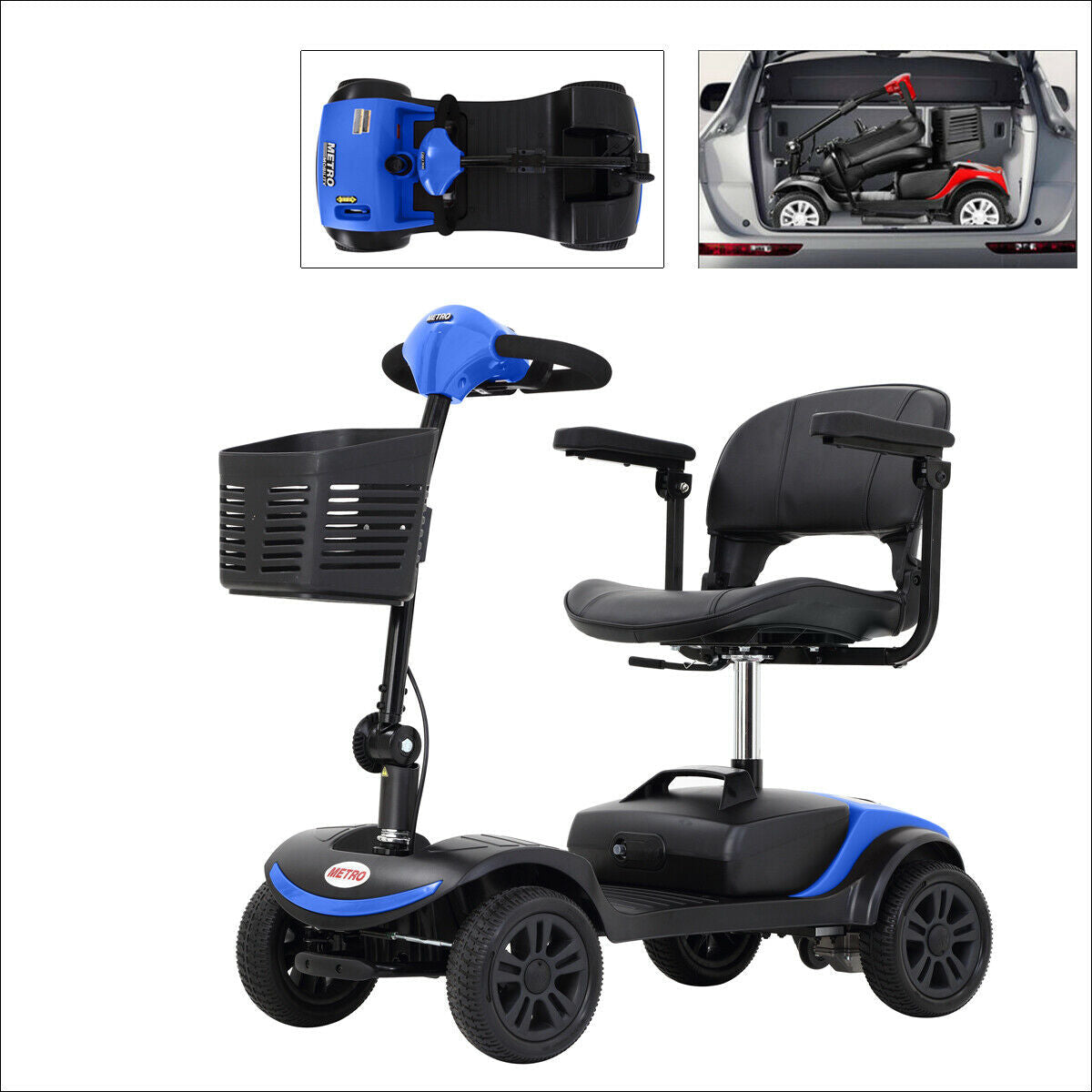 Silver 4-wheel electric mobility scooter with swivel seat and rear basket