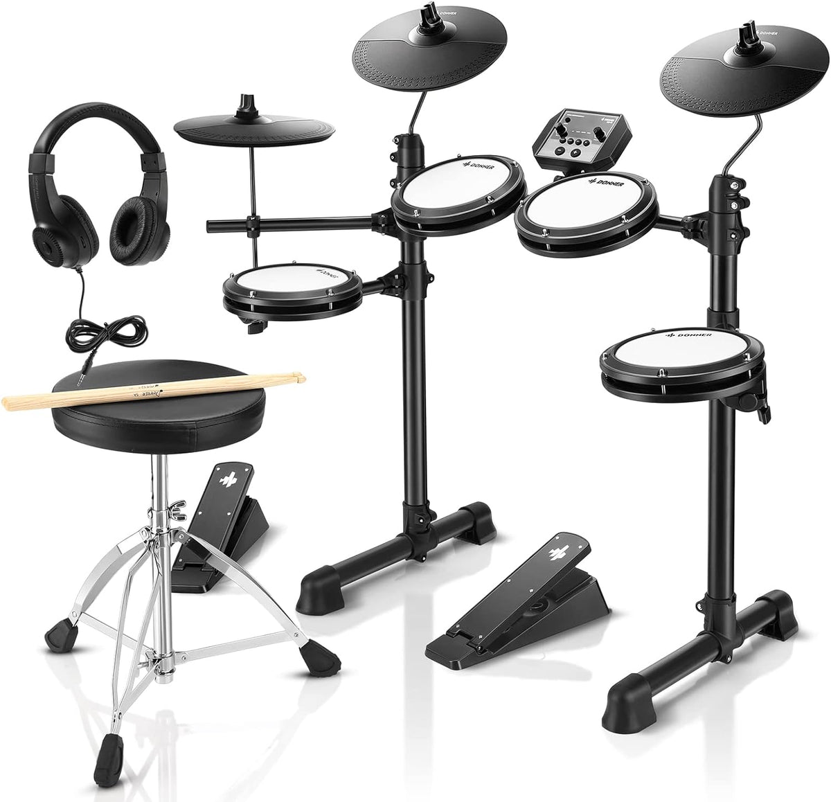 Black Donner DED-80 electronic drum set with mesh pads and throne