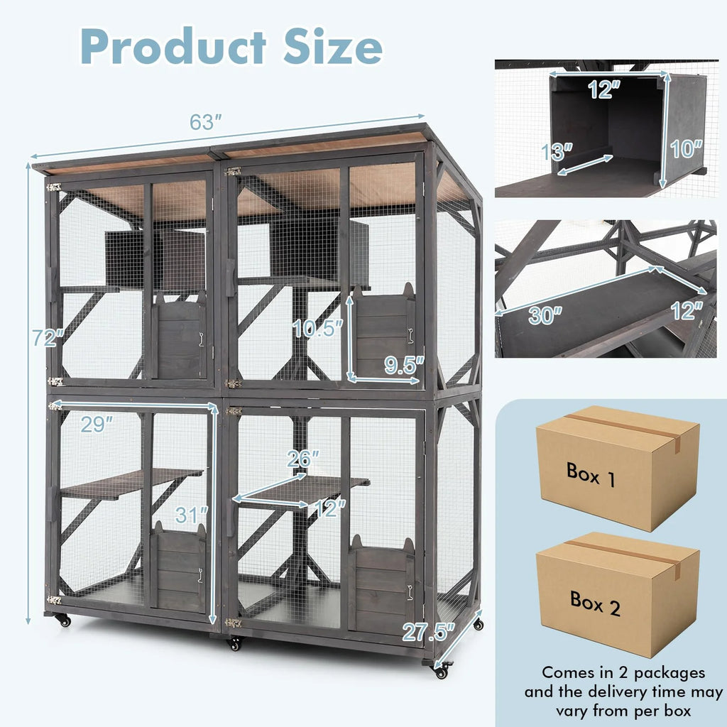 Large Wooden Outdoor Catio Cat Enclosure – 72" Tall Fir Wood Cat House with Asphalt Roof, Wheels & Lockable Doors