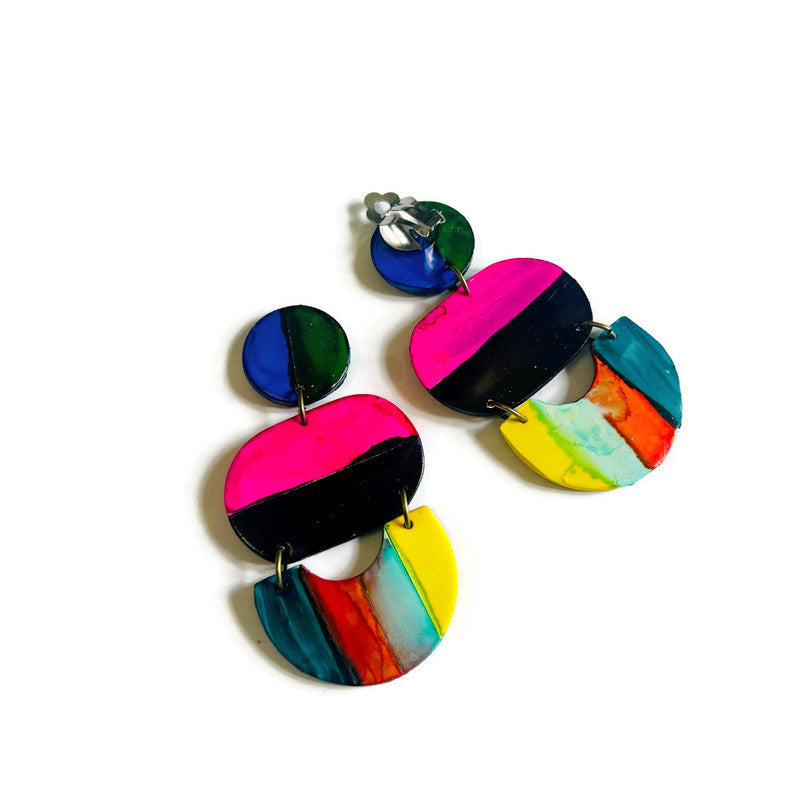 Multicolor striped polymer clay statement earrings, clip-on style