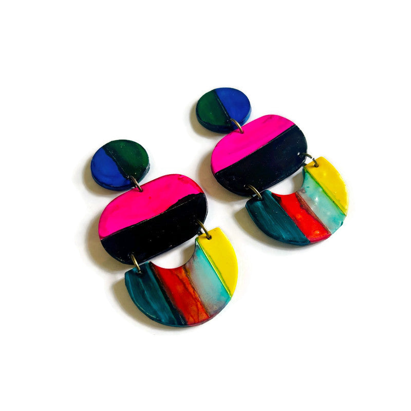 Multicolor striped polymer clay statement earrings, product view 4