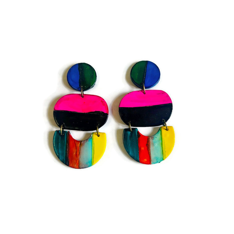 Multicolor striped polymer clay statement earrings, product view 3