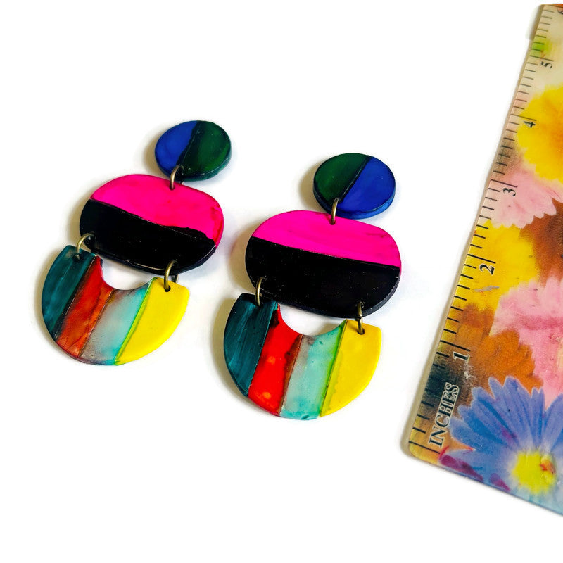Handmade multicolor striped statement earrings