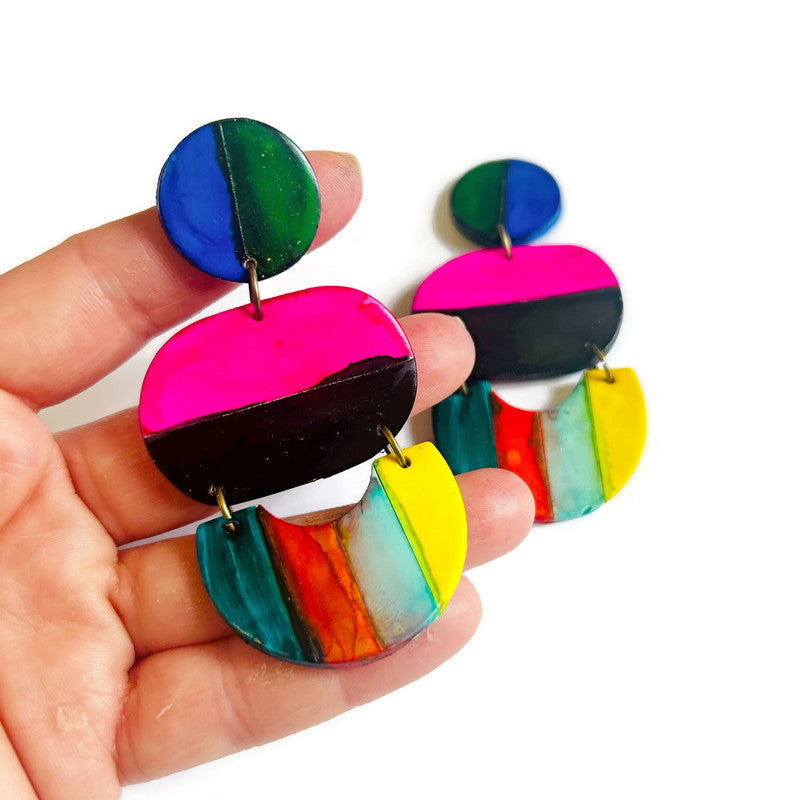 Multicolor Striped Polymer Clay Statement Earrings