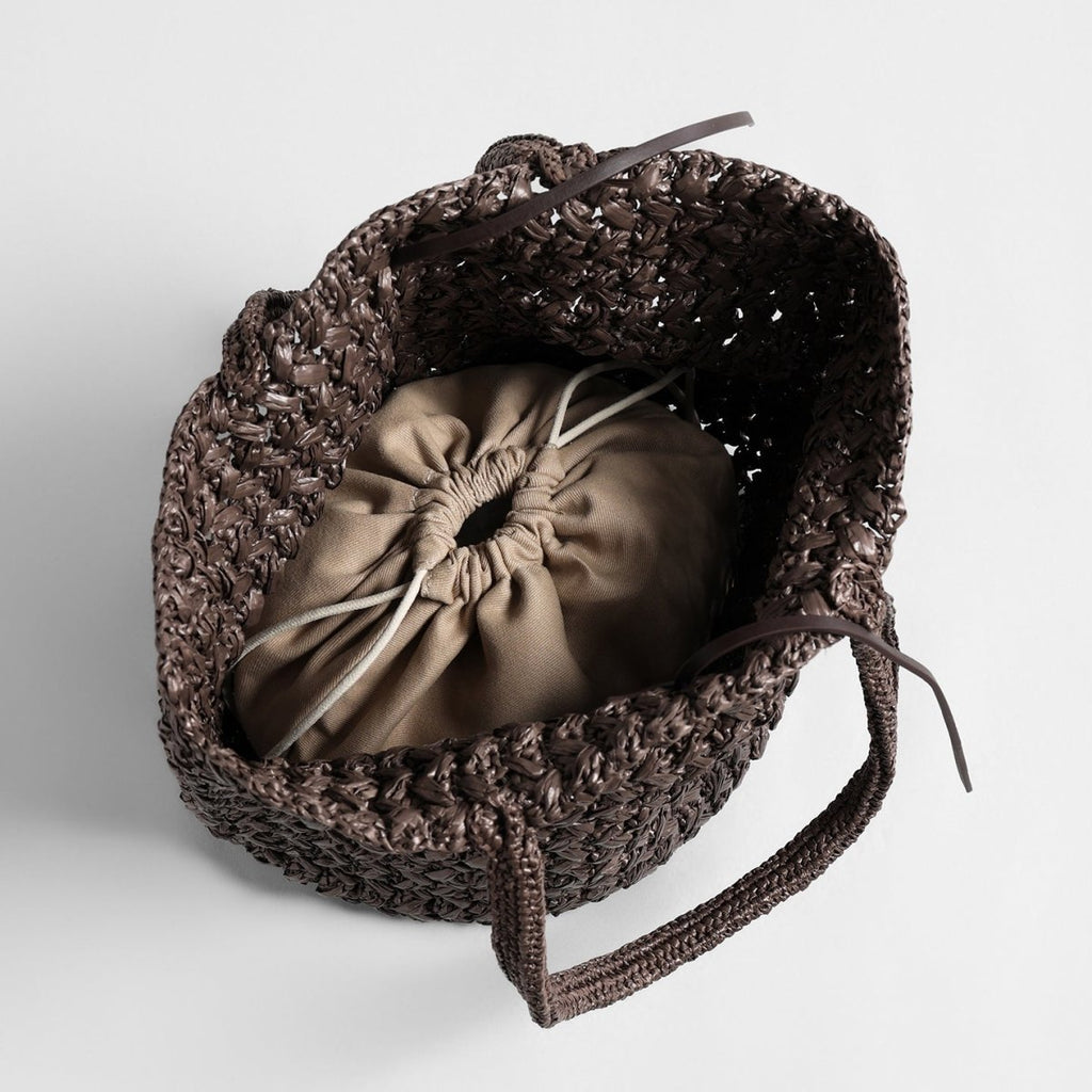 Chocolate handwoven raffia basket tote, alternate view
