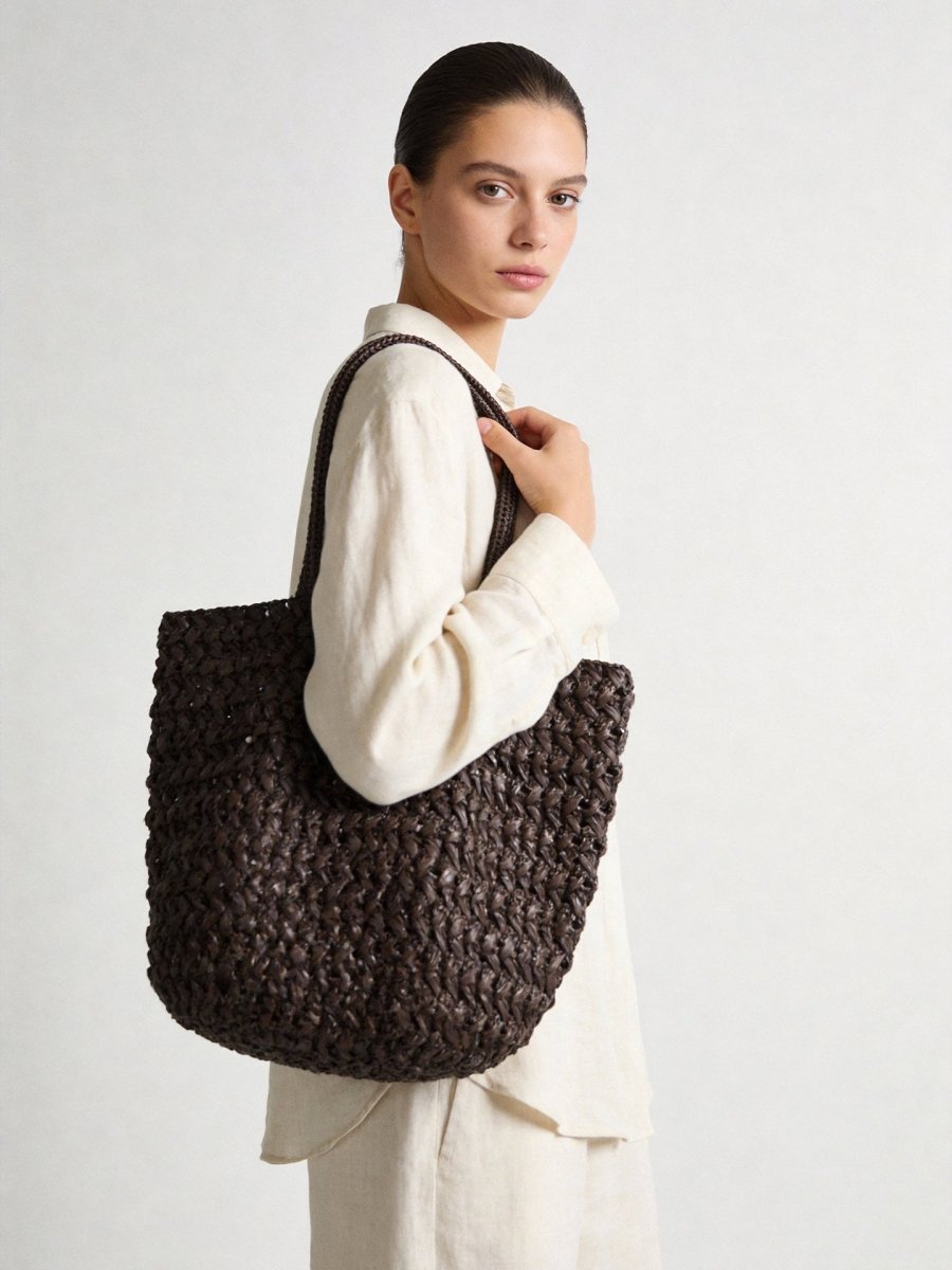 Chocolate handwoven raffia basket tote, detail view