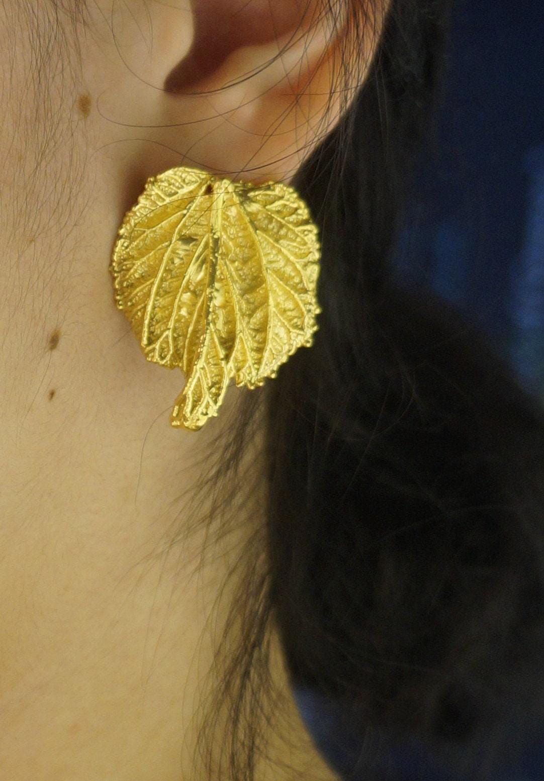 Real mulberry leaf statement earrings, product view 2