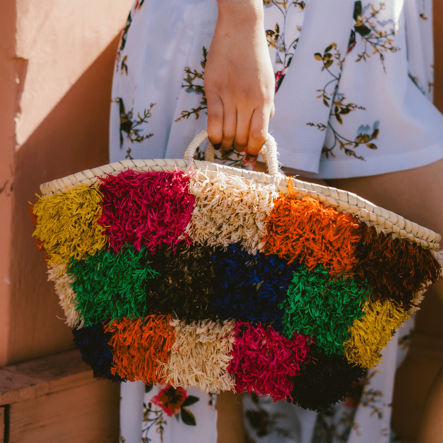 Handwoven wicker and raffia tote bag, product view 2