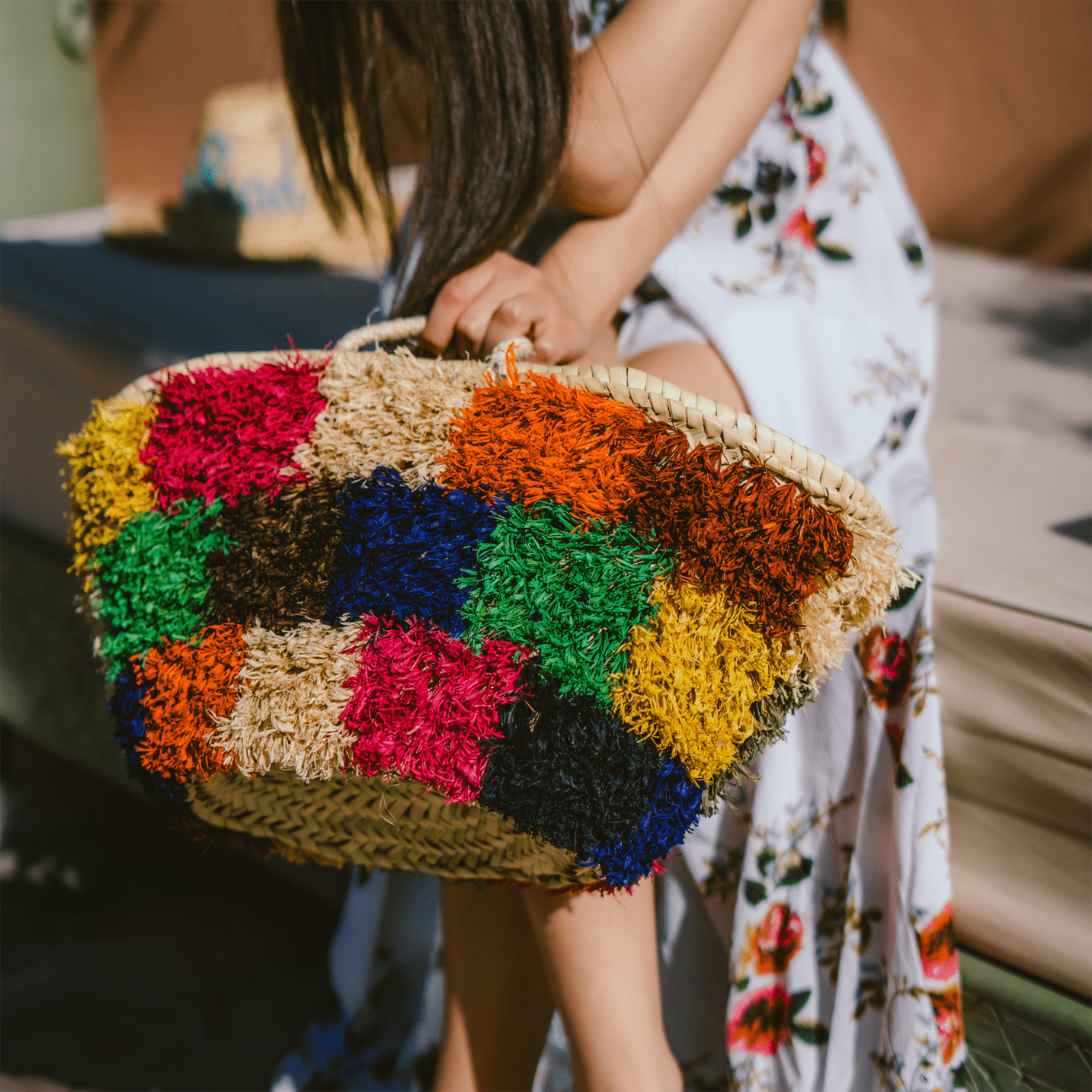 Handwoven wicker and raffia tote bag, product view 3